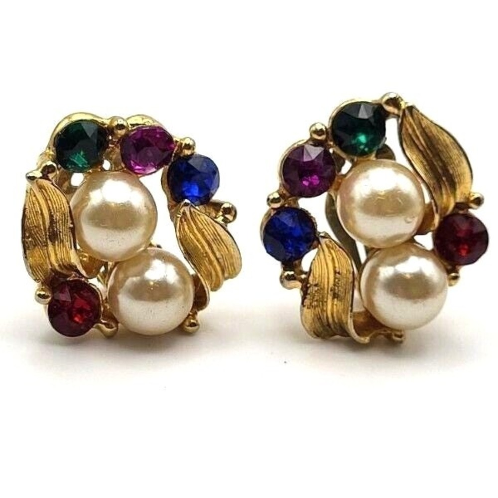 Goldtone Clip-On Vintage Earrings Faux Pearls and Multicolor Rhinestone Clusters